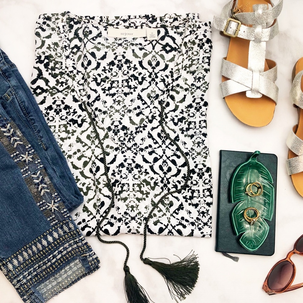 White & Olive Abstract Print Tassel Detail Blouse